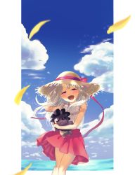 Rule 34 | 1girl, :d, heracles (fate), blue sky, blurry foreground, bow, character doll, cloud, fate/stay night, fate (series), floating hair, half-closed eyes, hand on headwear, hat, hat bow, hat ribbon, highres, illyasviel von einzbern, long hair, looking at viewer, miniskirt, okamino, open mouth, pink eyes, pleated skirt, red bow, red ribbon, red skirt, ribbon, shirt, silver hair, skirt, sky, sleeveless, sleeveless shirt, smile, solo, standing, straw hat, sun hat, very long hair, white shirt