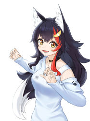 Rule 34 | 1girl, :d, animal collar, animal ear fluff, animal ears, black collar, black hair, clothing cutout, collar, collarbone, fang, from side, hair between eyes, hair ornament, hairclip, highres, hololive, jiu fanglianhua, long hair, long sleeves, looking at viewer, multicolored hair, ookami mio, ookami mio (casual), open mouth, paw pose, paw print, red hair, shirt, shoulder cutout, simple background, skin fang, smile, solo, streaked hair, upper body, virtual youtuber, white background, white hair, white shirt, wolf ears, wolf girl, yellow eyes