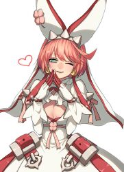 Rule 34 | 1girl, ;), ahoge, animal ears, aqua eyes, breasts, bridal veil, cleavage, cleavage cutout, clothing cutout, commentary, dress, earrings, ebi pri shrimp, elphelt valentine, fake animal ears, gloves, guilty gear, guilty gear xrd, hairband, heart, huge ahoge, jewelry, looking at viewer, one eye closed, pink hair, rabbit ears, short hair, smile, solo, spiked hairband, spikes, steepled fingers, symbol-only commentary, veil, wedding dress, white background, white dress, white gloves