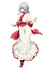 Rule 34 | 1girl, aged up, alternate costume, collared dress, dress, full body, grey hair, hair between eyes, highres, hip focus, light smile, long sleeves, looking at viewer, nail polish, no headwear, parted lips, pink lips, pointy ears, red eyes, red footwear, red nails, red neckwear, remilia scarlet, sash, shukusuri, sideways glance, simple background, solo, touhou, wavy hair, white background, white dress