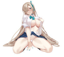Rule 34 | 1girl, absurdres, asuna (blue archive), black socks, blue archive, blue bow, blue bowtie, blue eyes, blue nails, blue skirt, bow, bowtie, breasts, clothes lift, hair over one eye, hair ribbon, highres, kneehighs, large breasts, light brown hair, long hair, looking at viewer, mole, mole on breast, nail polish, open clothes, open shirt, parted lips, ribbon, school uniform, shirt, simple background, skirt, skirt lift, socks, solo, white background, white shirt, zi se