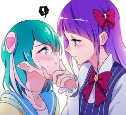 Rule 34 | !, 2girls, aqua eyes, aqua hair, blue eyes, blush, bow, closed mouth, eye contact, hagoromo lala, hair bow, heart, kaguya madoka, long hair, looking at another, multiple girls, negom, precure, purple hair, red bow, short hair, simple background, smile, spoken exclamation mark, star twinkle precure, upper body, white background, yuri