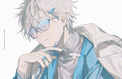 Rule 34 | 1boy, blue eyes, blue jacket, cinnamoroll, closed mouth, colored eyelashes, fork, glasses, gojou satoru, hair between eyes, hair ornament, hairclip, holding, holding fork, jacket, jewelry, jujutsu kaisen, k00s, long sleeves, looking at viewer, male focus, necklace, one eye closed, pin, sanrio, shirt, short hair, simple background, smile, solo, turtleneck, upper body, white background, white hair, white shirt