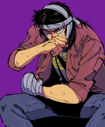 Rule 34 | 1boy, bandaged hand, bandaged head, bandages, black eyes, black hair, black shirt, brown jacket, commentary request, crying, crying with eyes open, feet out of frame, grey pants, inudori, itou kaiji, jacket, kaiji, leaning forward, long hair, long sleeves, male focus, medium bangs, one eye closed, pants, purple background, shirt, sleeves rolled up, solo, standing, tears, twitter username