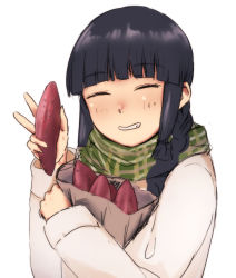 Rule 34 | 1girl, alternate costume, bag, beige coat, black hair, blunt bangs, braid, coat, commentary request, facing viewer, food, green scarf, grin, hair over shoulder, hair ribbon, highres, kantai collection, kitakami (kancolle), long hair, paper bag, plaid, plaid scarf, ribbon, sakieko, scarf, sidelocks, simple background, smile, solo, sweet potato, tress ribbon, upper body, white background