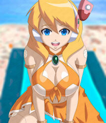 1girl alia_(mega_man) android armlet artist_name beach bikini blonde_hair blue_eyes blurry blurry_background bracelet breasts cleavage commentary day english_commentary eye_contact hair_between_eyes headgear jewelry joints large_breasts leaning_forward looking_at_another looking_at_viewer medium_hair mega_man_(series) mega_man_x_(series) mega_man_x_dive navigator ocean official_alternate_costume open_mouth orange_bikini orange_sarong outdoors robot_ears robot_girl robot_joints rockmangrave sand sarong smile solo summer swimsuit towel twitter_username water watermark