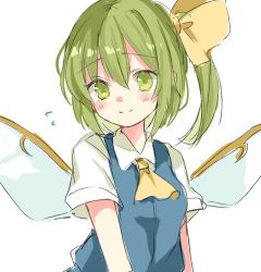 Rule 34 | 1girl, ascot, blue vest, blush, bow, closed mouth, collared shirt, daiyousei, dot nose, fairy, fairy wings, flying sweatdrops, green eyes, green hair, hair between eyes, hair bow, looking at viewer, one side up, paragasu (parags112), shirt, short hair, short sleeves, simple background, sketch, smile, solo, split mouth, tareme, touhou, upper body, vest, white background, white shirt, wing collar, wings, yellow ascot, yellow bow