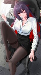 Rule 34 | 1girl, absurdres, ahoge, aircell, black hair, black skirt, bra visible through clothes, breasts, brown pantyhose, chair, feet, highres, holding, holding paper, honkai (series), honkai impact 3rd, keyboard (computer), lanyard, large breasts, leg up, long sleeves, looking at viewer, multicolored hair, office chair, office lady, open clothes, pantyhose, paper, pen, red eyes, red hair, see-through, seele (alter ego), seele vollerei, shirt, shirt tucked in, skirt, solo, swivel chair, tight clothes, tight shirt, two-tone hair, wheelchair, white shirt