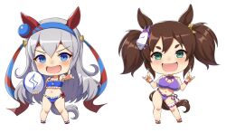 Rule 34 | 2girls, animal ears, bare shoulders, bead bracelet, beads, bikini, blue bikini, blue eyes, blue hairband, blush, bow, bracelet, breasts, brown hair, chibi, cleavage, cleavage cutout, clothing cutout, collarbone, ear covers, fang, flip-flops, foreshortening, fox mask, frilled bikini, frills, full body, grey hair, hair bow, hair ornament, hairband, hands up, headband, holding, horse ears, horse girl, horse tail, inari one (umamusume), jewelry, large breasts, long hair, looking at viewer, mask, mask on head, multiple girls, open mouth, pointing, pointing at viewer, purple bikini, red hairband, red headband, sandals, small breasts, standing, swimsuit, tail, tamamo cross (umamusume), tassel, thick eyebrows, thigh strap, thighs, twintails, umamusume, very long hair, vococo, yellow bow