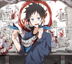 Rule 34 | 1boy, black hair, blood, blood on face, blood on mask, blood splatter, blood stain, blue eyes, durarara!!, eraser, highres, holding, holding mask, inawa akito, injury, male focus, marker, mask, unworn mask, mouth mask, open mouth, paper, ryuugamine mikado, smile, solo, tape, teeth, tongue, upper teeth only, whiteboard