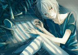 Rule 34 | 1boy, accelerator (toaru majutsu no index), albino, bad id, bad pixiv id, bone, collarbone, dappled sunlight, expressionless, indoors, looking at viewer, male focus, messy hair, red eyes, shirt, short hair, short sleeves, smile, solo, sunlight, t-shirt, teruya (6w6y), toaru kagaku no railgun, toaru majutsu no index, white hair