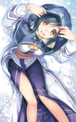 Rule 34 | 10s, 1girl, :d, amazuyu tatsuki, animal ears, arms up, blue hair, breasts, breath, brown eyes, cloak, dutch angle, highres, hood, hoodie, japanese clothes, kuon (utawarerumono), long sleeves, looking at viewer, medium breasts, non-web source, obi, official art, open mouth, outdoors, sash, side slit, sitting, smile, snow, solo, utawarerumono, utawarerumono: itsuwari no kamen