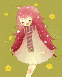 Rule 34 | 1girl, absurdres, bird, blush, closed eyes, dress, female focus, flaky (happy tree friends), flippy (happy tree friends), green background, happy tree friends, heart, heart line, highres, little yellow bird, long hair, pink dress, pink hair, pink outfit, red hair, scarf, short hair, simple background, smile, solo