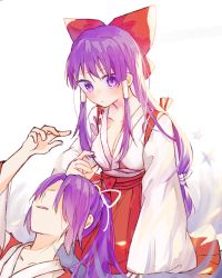 Rule 34 | 2girls, bow, breasts, cleavage, closed mouth, hair bow, hakama, hakama skirt, hakurei reimu, hakurei reimu (pc-98), highres, japanese clothes, kimono, long hair, long sleeves, looking at another, looking at viewer, lying on lap, medium breasts, meira (touhou), miko, multiple girls, open mouth, purple eyes, purple hair, red bow, simple background, skirt, ssmlqzdss, touhou, touhou (pc-98), white background, white kimono