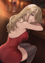 Rule 34 | 1girl, absurdres, alcohol, ass, back, backless dress, backless outfit, bare arms, bare shoulders, black thighhighs, blonde hair, breasts, counter, cup, dress, drinking glass, earrings, elbow rest, from behind, glass, hands up, head rest, head tilt, highres, indoors, jewelry, legs together, lips, long hair, looking at viewer, looking back, maruta (pixiv55344433), medium breasts, mole, mole under eye, original, parted lips, red dress, short dress, sitting, smile, solo, strapless, strapless dress, stud earrings, thighhighs