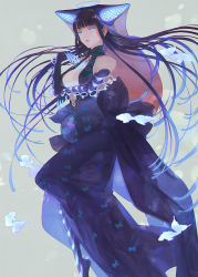 Rule 34 | 1girl, arm under breasts, blue eyes, blue hair, blue theme, blunt bangs, breasts, cleavage, cleavage cutout, clothing cutout, dress, elbow gloves, fate/grand order, fate (series), flower, gloves, glowing, gown, gradient hair, hair ornament, halterneck, hand up, highres, long hair, looking away, multicolored hair, open mouth, purple hair, rose, smile, solo, veil, xero, yang guifei (fate), yang guifei (third ascension) (fate)