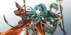 Rule 34 | 1boy, 1girl, absurdres, armor, belt, blue armor, blue eyes, blue hair, blue skirt, breastplate, brother and sister, brown gloves, cape, closed mouth, cosplay, earrings, eirika (fire emblem), ephraim (fire emblem), ephraim (fire emblem) (cosplay), fire emblem, fire emblem: the sacred stones, fire emblem heroes, gloves, hair between eyes, hair ornament, helm, helmet, highres, jewelry, kakiko210, looking at viewer, nintendo, open mouth, pauldrons, polearm, ponytail, red cape, shoulder armor, siblings, skirt, smile, spear, thighhighs, twins, weapon