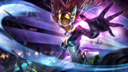 Rule 34 | 1girl, alternate costume, alternate hair color, bodysuit, breasts, chris bjors, cleavage, cleavage cutout, clothing cutout, confetti, covered eyes, crowd, dj, dj sona, green lips, helmet, league of legends, lens flare, lipstick, makeup, smile, solo focus, sona (league of legends)