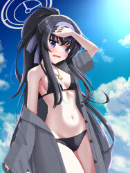 Rule 34 | 1girl, absurdres, bikini, bikini under clothes, black hair, blue archive, blue hairband, blue sky, breasts, cardigan, cloud, day, grey cardigan, hairband, halo, highres, jewelry, kurage-jellyfish, long hair, looking at viewer, medium breasts, navel, necklace, official alternate costume, open cardigan, open clothes, outdoors, ponytail, purple eyes, sky, swimsuit, ui (blue archive), ui (swimsuit) (blue archive)