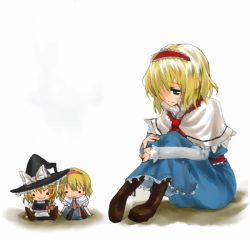 Rule 34 | 1girl, alice margatroid, blonde hair, blue eyes, capelet, character doll, doll, female focus, hair over one eye, hairband, holding hands, hat, headband, kirisame marisa, hugging own legs, lonely, myama, sad, sitting, solo, touhou, witch, witch hat