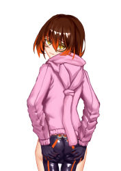 Rule 34 | 1girl, artist request, ass, ass grab, blush, brown hair, deep skin, from behind, glasses, gradient hair, hololive, hood, jacket, looking at viewer, looking back, multicolored hair, orange eyes, pants, red hair, roboco-san, shiny clothes, short hair, solo, virtual youtuber