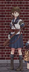 Rule 34 | 2girls, anchor symbol, arm warmers, armband, bad id, bad twitter id, black skirt, blue sailor collar, blue skirt, bolt action, boots, brick wall, brodie helmet, brown eyes, brown hair, collared shirt, commentary request, cross-laced footwear, full body, gloves, gun, helmet, highres, kantai collection, kneehighs, lace-up boots, long hair, low twintails, combat helmet, multiple girls, neckerchief, parted bangs, pleated skirt, rifle, sagoromo 04, sailor collar, school uniform, serafuku, shirayuki (kancolle), shirt, short twintails, skirt, socks, solo focus, standing, twintails, weapon, weapon request, white gloves
