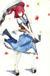 Rule 34 | 1girl, absurdres, black eyes, breasts, clog sandals, female focus, full body, hair bobbles, hair ornament, highres, japanese clothes, leaf, maple leaf, medium breasts, moudoko, okobo, onozuka komachi, painting (medium), red hair, sandals, scythe, shoes, short hair, solo, standing, tabi, touhou, traditional media, twintails, two side up, watercolor (medium), white legwear