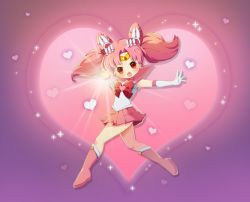 Rule 34 | 1girl, :o, bishoujo senshi sailor moon, blush, boots, bow, brooch, chibi usa, choi e sul, choker, cone hair bun, double bun, elbow gloves, gloves, gradient background, hair bun, hair ornament, hairpin, heart, heart background, heart brooch, jewelry, knee boots, magical girl, pink background, pink footwear, pink hair, pink moon stick, pink skirt, pink theme, pleated skirt, purple background, red bow, red eyes, sailor chibi moon, sailor collar, serious, short hair, skirt, solo, tiara, twintails, wand, white gloves