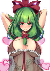 Rule 34 | 1girl, arms behind head, arms up, blunt bangs, bow, breasts, closed mouth, front ponytail, green eyes, green hair, hair bow, hair ribbon, heart, heart-shaped pupils, highres, kagiyama hina, large breasts, lingerie, looking at viewer, medium hair, negligee, nipples, red bow, red ribbon, ribbon, see-through, simple background, smile, snowflake print, solo, symbol-shaped pupils, textless version, touhou, underwear, upper body, white background, yukito (dreamrider)
