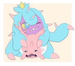 Rule 34 | blue eyes, colored sclera, corsola, creatures (company), crying, eating, flat color, full body, game freak, gen 2 pokemon, gen 7 pokemon, mareanie, nintendo, no humans, one eye closed, open mouth, pokemon, pokemon (creature), pokemon sm, scared, sharp teeth, simple background, spikes, tears, teeth, white background, yellow sclera