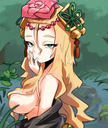 Rule 34 | 1girl, aqua eyes, areola slip, blonde hair, breasts, bunsuke, circlet, female focus, finger in own mouth, flower, hair flower, hair ornament, large breasts, leaf, long hair, meimei (p&amp;d), puzzle &amp; dragons, solo, upper body, water, wet, wet hair