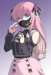 Rule 34 | 1girl, absurdres, alternate costume, backpack, bag, belt, black belt, black nails, black ribbon, black shirt, blouse, blue eyes, blush, bocchi the rock!, can, collared shirt, cube hair ornament, energy drink, frills, gotoh hitori, gradient background, hair between eyes, hair ornament, highres, holding, holding can, inui sekihiko, jewelry, jirai kei, long hair, long sleeves, looking at viewer, mask, monster energy, mouth mask, nail polish, neck ribbon, pink bag, pink hair, pink skirt, red nails, ribbon, ring, shirt, skirt, solo, standing, two side up, v