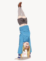 Rule 34 | 1girl, blonde hair, blush, brown footwear, dated, closed eyes, grey background, grey thighhighs, hair ornament, hairclip, handstand, highres, long hair, miyahara takuya, navel, open mouth, original, signature, simple background, solo, thighhighs, twintails, upside-down