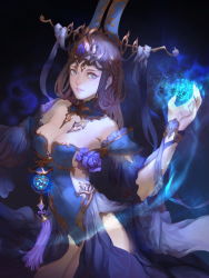 Rule 34 | 1girl, arm ribbon, bare shoulders, blue dress, blue eyes, breasts, brown hair, cleavage, darkness, dress, eddy huang zheng, energy ball, female focus, hair ribbon, highres, large breasts, long hair, looking at viewer, original, ribbon, shawl, side slit, solo, very long hair