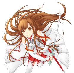 Rule 34 | 10s, 1girl, asuna (sao), bad id, bad pixiv id, brown eyes, brown hair, detached sleeves, dogg023, long hair, rapier, skirt, smile, solo, sword, sword art online, thighhighs, weapon, white thighhighs