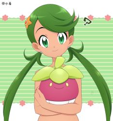 Rule 34 | 1girl, ?, bounsweet, character hair ornament, closed mouth, commentary request, creatures (company), dark-skinned female, dark skin, game freak, gen 1 pokemon, gen 7 pokemon, green eyes, green hair, hair ornament, hair tie, head tilt, highres, holding, holding pokemon, kouzuki (reshika213), long hair, looking at viewer, mallow (pokemon), nintendo, pokemon, pokemon (anime), pokemon (creature), pokemon sm (anime), smile, staryu, swept bangs, twintails, upper body