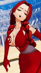Rule 34 | 1girl, 3d, :o, absurdres, ass, bare shoulders, braid, breasts, cleavage, cleavage cutout, clothing cutout, dress, fairy tail, female focus, flare corona, half-closed eyes, highres, large breasts, long hair, looking at viewer, pale skin, red dress, red eyes, red hair, scar, shaded face, sideboob, smile, solo, tattoo, thick thighs, thighs, threatening, twin braids, walking