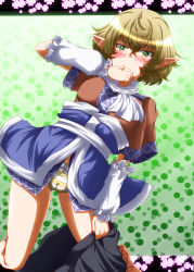 Rule 34 | 1girl, ascot, blonde hair, blush, bow, bow panties, cameltoe, detached sleeves, female focus, green eyes, highres, mizuhashi parsee, panties, pointy ears, short hair, short sleeves, skirt, solo, striped clothes, striped panties, touhou, underwear, undressing, unworn skirt, zan (harukahime)