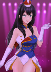 Rule 34 | 1girl, :d, band uniform, bare shoulders, black hair, breasts, cleavage, detached collar, elbow gloves, gloves, goshiki (cham darc), groin, hat, hibike! euphonium, highres, kousaka reina, leotard, long hair, looking at viewer, medium breasts, multicolored leotard, open mouth, shako cap, smile, solo, thigh gap, thighs, white gloves