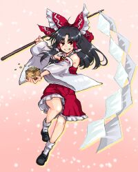 Rule 34 | 1girl, :d, ahoge, black footwear, black hair, bow, carbohydrate (asta4282), commentary request, detached sleeves, full body, gohei, gradient background, hair bow, hair tubes, hakurei reimu, highres, holding, looking at viewer, medium hair, open mouth, pink background, red bow, red eyes, red skirt, shide, sidelocks, skirt, smile, socks, solo, touhou, white socks, wide sleeves