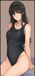 Rule 34 | 1girl, amagami, black eyes, black hair, black hairband, black one-piece swimsuit, breasts, brown background, collarbone, competition swimsuit, curly hair, hairband, looking at viewer, medium breasts, mobu, morishima haruka, one-piece swimsuit, simple background, sitting, smile, solo, swimsuit