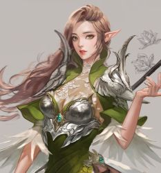 Rule 34 | 1girl, armor, bad id, bad twitter id, boobplate, breastplate, brown hair, cropped, elf, feather trim, flower, green eyes, grey background, long hair, original, parted lips, pauldrons, pointy ears, red lips, shoulder armor, sketch, solo, srasa