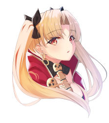 Rule 34 | 1girl, black ribbon, blonde hair, blush, cape, commentary request, cropped torso, earrings, ereshkigal (fate), fate/grand order, fate (series), hair ribbon, highres, hikashou, infinity symbol, jewelry, long hair, looking at viewer, parted bangs, parted lips, red cape, red eyes, ribbon, simple background, skull, solo, spine, twintails, upper body, white background