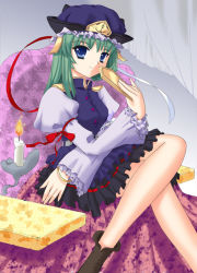Rule 34 | 1girl, blue eyes, bracelet, candle, chair, couch, curtains, female focus, green hair, hat, jewelry, crossed legs, long hair, ribbon, rod of remorse, shiki eiki, sitting, solo, touhou