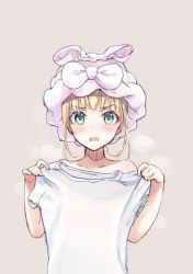 Rule 34 | 1girl, blonde hair, blush, collarbone, embarrassed, green eyes, grey background, holding, holding clothes, holding shirt, open mouth, original, rimo, shirt, short sleeves, simple background, solo, t-shirt, towel, towel on head, upper body, white shirt