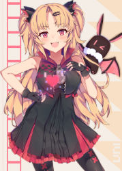 Rule 34 | 1girl, absurdres, akatsuki uni, bare shoulders, black dress, black gloves, black thighhighs, blonde hair, blush, bow, character name, dress, fang, fingerless gloves, frilled dress, frills, gloves, hair ornament, hairclip, heart, highres, jiyasu, long hair, looking at viewer, open mouth, red bow, red eyes, sleeveless, smile, thighhighs, two side up, uni create, virtual youtuber