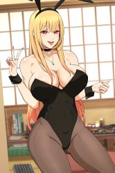 Rule 34 | 1girl, animal ears, areola slip, black bow, black bowtie, black leotard, black pantyhose, blonde hair, bow, bowtie, breasts, cleavage, cowboy shot, detached collar, indoors, jewelry, kitagawa marin, krabbytheartist, large breasts, leotard, long hair, looking at viewer, necklace, pantyhose, playboy bunny, rabbit ears, red eyes, smile, solo, sono bisque doll wa koi wo suru, strapless, strapless leotard, v, wrist cuffs