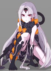 Rule 34 | 1girl, abigail williams (fate), abigail williams (third ascension) (fate), bare shoulders, black bow, black panties, blood, blood on face, bow, closed mouth, colored skin, fate/grand order, fate (series), feet, forehead, grey background, highres, injury, key, keyhole, knee up, kopaka (karda nui), legs, long hair, looking at viewer, orange bow, panties, parted bangs, red eyes, scowl, simple background, solo, squatting, staff, star (symbol), star print, thighs, third eye, underwear, white hair, white skin