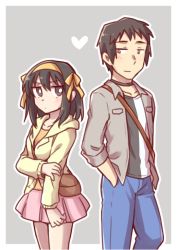 Rule 34 | 1boy, 1girl, blue pants, blush, border, brown eyes, brown hair, casual, commentary request, grey background, grey jacket, hair between eyes, hair ribbon, hairband, hand in pocket, hand on own arm, heart, height difference, jacket, kyon, long sleeves, looking at another, open clothes, open jacket, orange shirt, pants, pink skirt, pocket, ribbon, shirt, short hair, simple background, skirt, smile, striped clothes, striped shirt, suzumiya haruhi, suzumiya haruhi no yuuutsu, taiki (6240taiki), vertical-striped clothes, vertical-striped shirt, white border, yellow hairband, yellow jacket, yellow ribbon