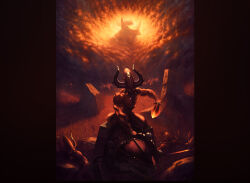 Rule 34 | 6+boys, banner, battle standard, bloodletter, bloodthirster, chaos (warhammer), colored skin, demon, demon horns, facial mark, flaming weapon, fog, forehead mark, from side, glowing, glowing eyes, hell, heresy, holding, holding weapon, horns, khorne, khorne berserker, looking at viewer, multiple boys, red skin, rui goncalves art, sharp teeth, shoulder spikes, sign of khorne, skull, skull ornament, spikes, teeth, war banner, warhammer 40k, weapon, yellow eyes